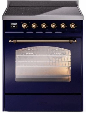 Ilve UPI304NMPMBB Nostalgie Ii 30 Inch Electric Freestanding Range In Blue With Bronze Trim Freestanding Ranges freestanding dual fuel range 30 inch