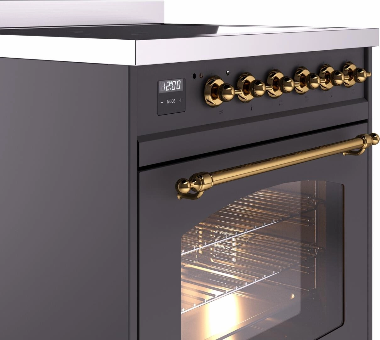 Ilve UPI304NMPMGG Nostalgie Ii 30 Inch Electric Freestanding Range In Matte Graphite With Brass Trim