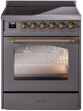 Ilve UPI304NMPMGG Nostalgie Ii 30 Inch Electric Freestanding Range In Matte Graphite With Brass Trim Freestanding Ranges freestanding dual fuel range 30 inch
