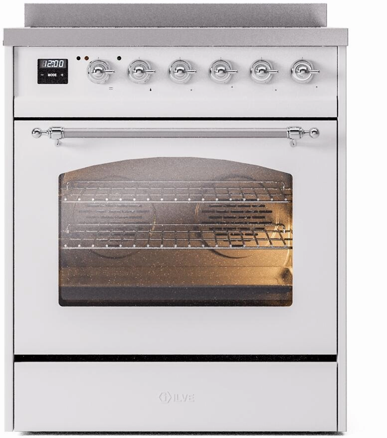 Ilve UPI304NMPWHC Nostalgie Ii 30 Inch Electric Freestanding Range In White With Chrome Trim