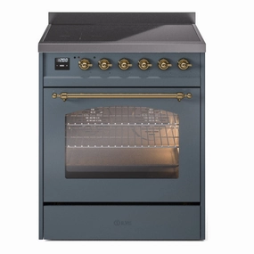 Ilve UPI304QNMPBGG Nostalgie Ii 30 Inch Electric Freestanding Range In Blue Grey With Brass Trim Freestanding Ranges freestanding dual fuel range 30 inch