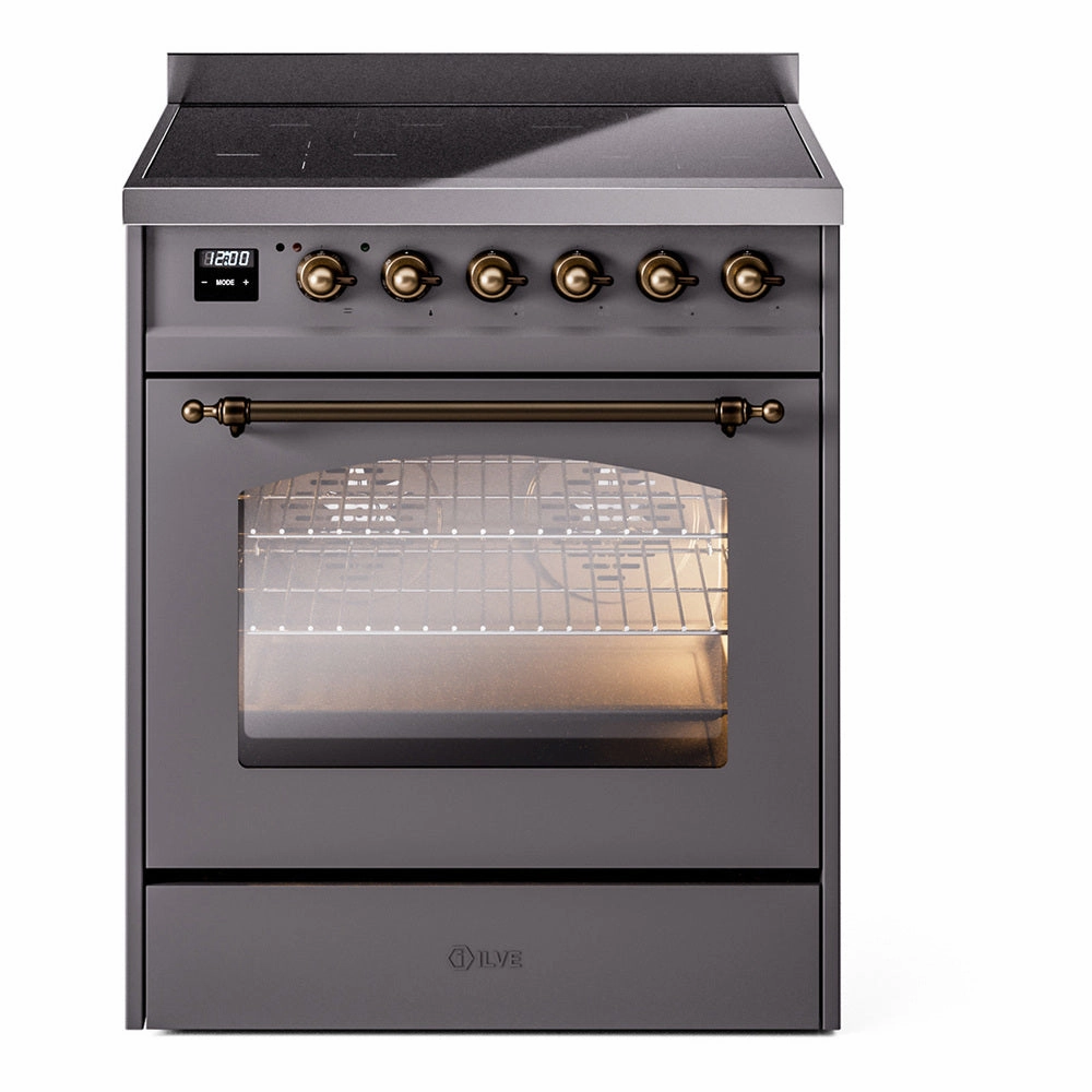 Ilve UPI304QNMPMGB Nostalgie Ii 30 Inch Electric Freestanding Range In Matte Graphite With Bronze Trim Freestanding Ranges freestanding dual fuel range 30 inch