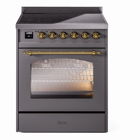 Ilve UPI304QNMPMGG Nostalgie Ii 30 Inch Electric Freestanding Range In Matte Graphite With Brass Trim Freestanding Ranges freestanding dual fuel range 30 inch