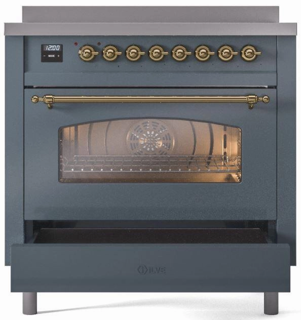 Ilve UPI366NMPBGG Nostalgie Ii 36 Inch Electric Freestanding Range In Blue Grey With Brass Trim