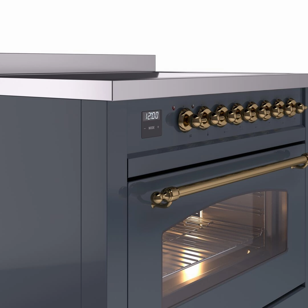 Ilve UPI366NMPBGG Nostalgie Ii 36 Inch Electric Freestanding Range In Blue Grey With Brass Trim