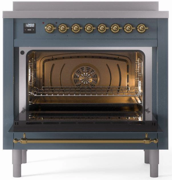 Ilve UPI366NMPBGG Nostalgie Ii 36 Inch Electric Freestanding Range In Blue Grey With Brass Trim