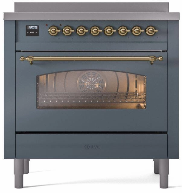 Ilve UPI366NMPBGG Nostalgie Ii 36 Inch Electric Freestanding Range In Blue Grey With Brass Trim