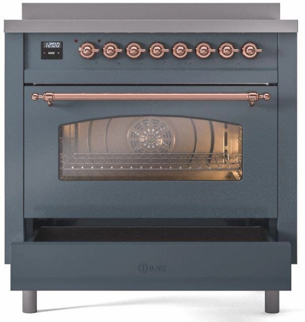 Ilve UPI366NMPBGP Nostalgie Ii 36 Inch Electric Freestanding Range In Blue Grey With Copper Trim