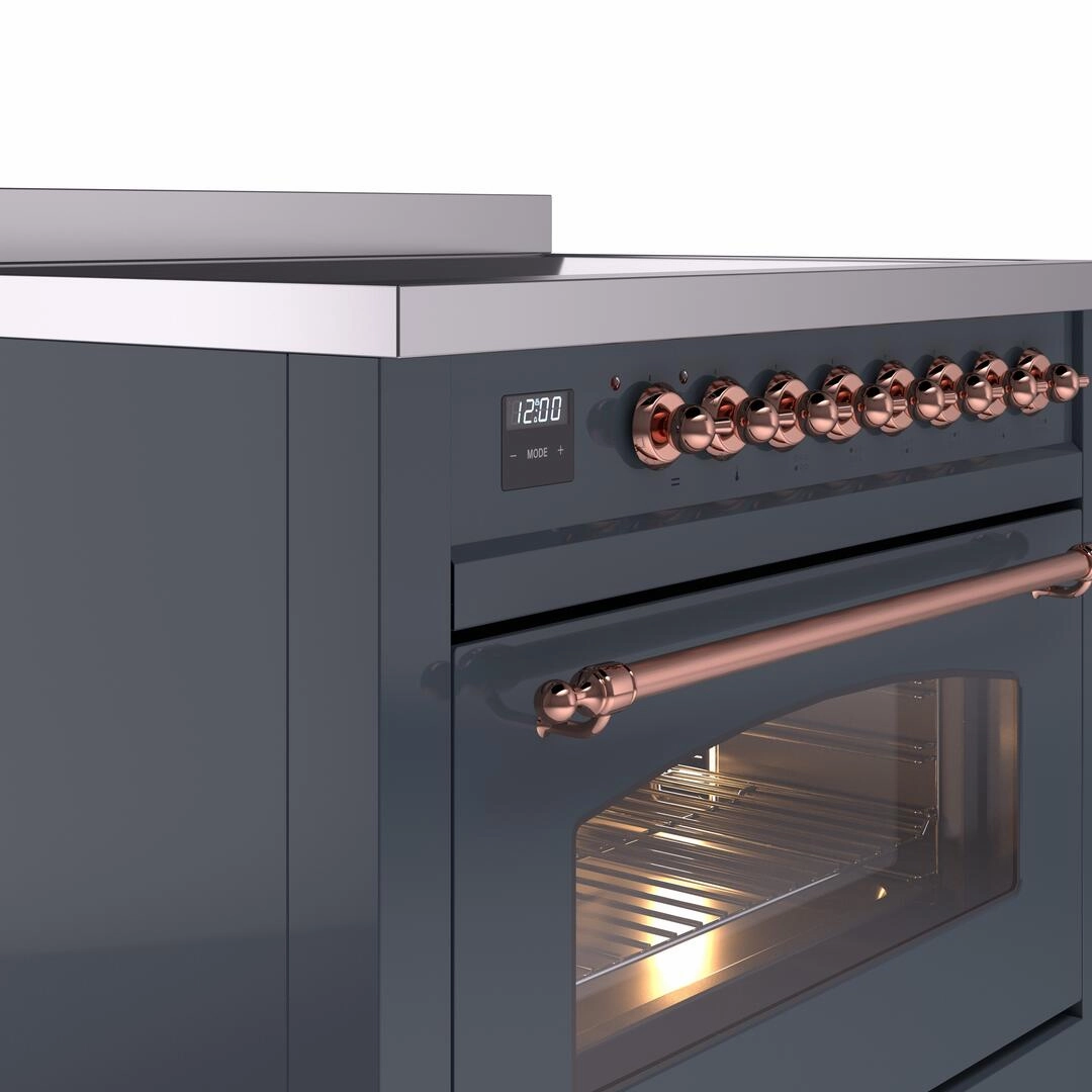 Ilve UPI366NMPBGP Nostalgie Ii 36 Inch Electric Freestanding Range In Blue Grey With Copper Trim