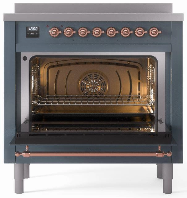 Ilve UPI366NMPBGP Nostalgie Ii 36 Inch Electric Freestanding Range In Blue Grey With Copper Trim
