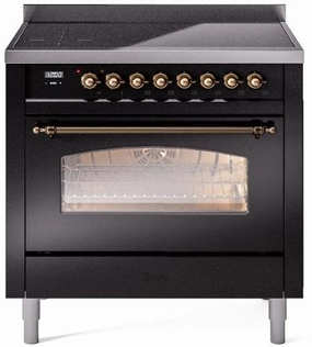 Ilve UPI366NMPBKB Nostalgie Ii 36 Inch Electric Freestanding Range In Glossy Black With Bronze Trim Freestanding Ranges freestanding dual fuel range 30 inch