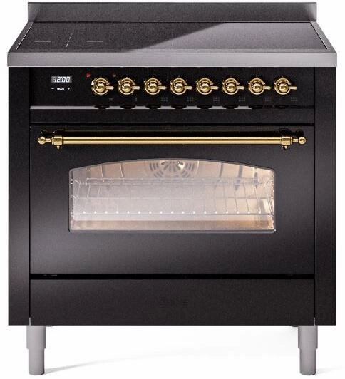 Ilve UPI366NMPBKG Nostalgie Ii 36 Inch Electric Freestanding Range In Glossy Black With Brass Trim Freestanding Ranges freestanding dual fuel range 30 inch