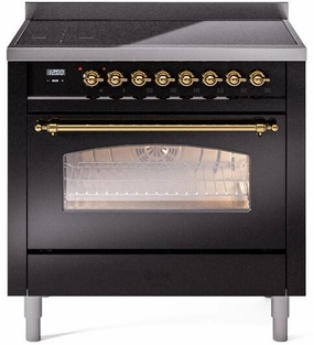 Ilve UPI366NMPBKG Nostalgie Ii 36 Inch Electric Freestanding Range In Glossy Black With Brass Trim Freestanding Ranges freestanding dual fuel range 30 inch
