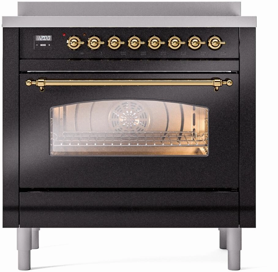 Ilve UPI366NMPBKG Nostalgie Ii 36 Inch Electric Freestanding Range In Glossy Black With Brass Trim