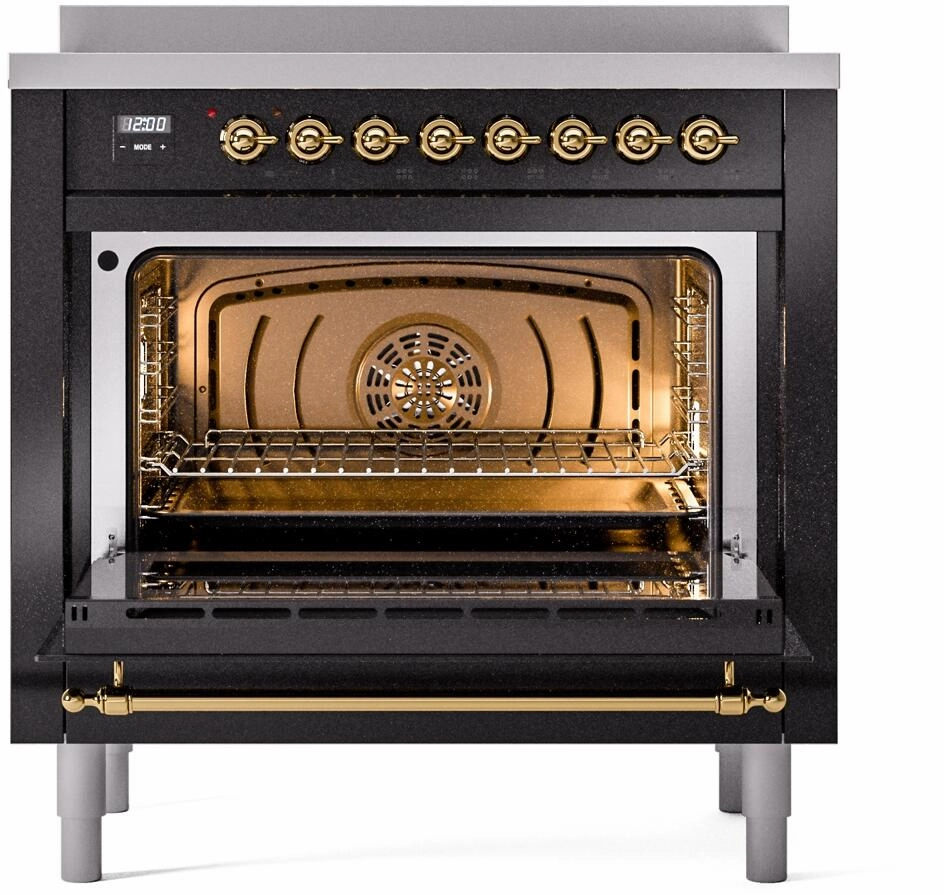 Ilve UPI366NMPBKG Nostalgie Ii 36 Inch Electric Freestanding Range In Glossy Black With Brass Trim