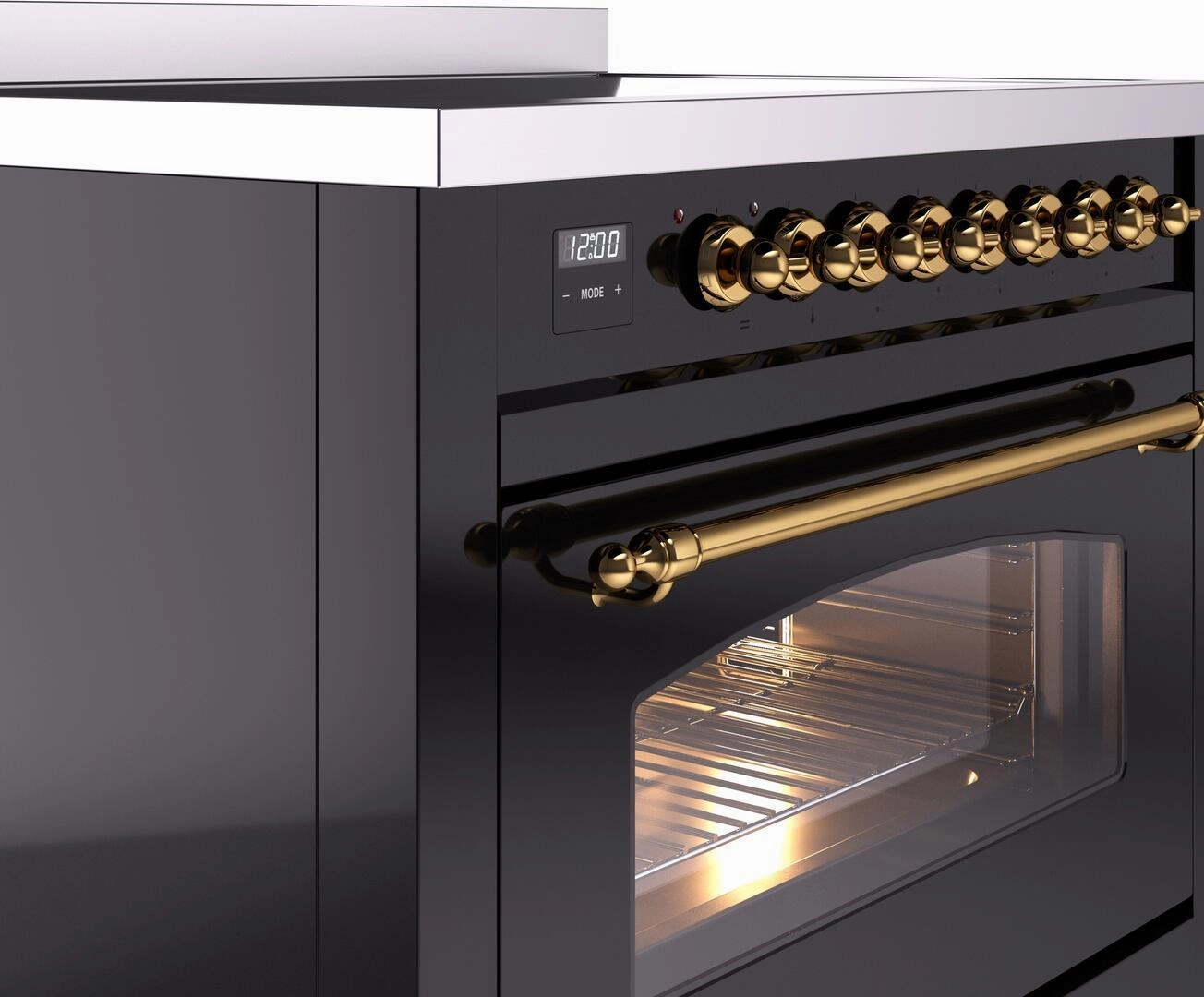 Ilve UPI366NMPBKG Nostalgie Ii 36 Inch Electric Freestanding Range In Glossy Black With Brass Trim