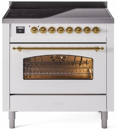Ilve UPI366NMPWHG Nostalgie Ii 36 Inch Electric Freestanding Range In White With Brass Trim Freestanding Ranges freestanding dual fuel range 30 inch