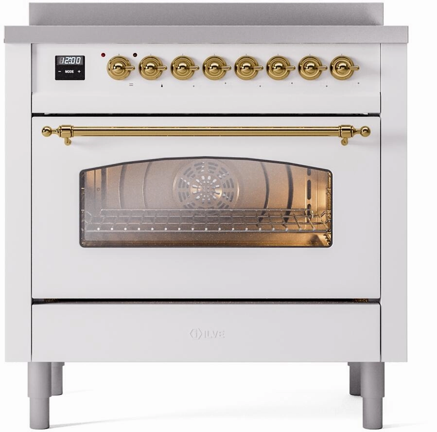 Ilve UPI366NMPWHG Nostalgie Ii 36 Inch Electric Freestanding Range In White With Brass Trim