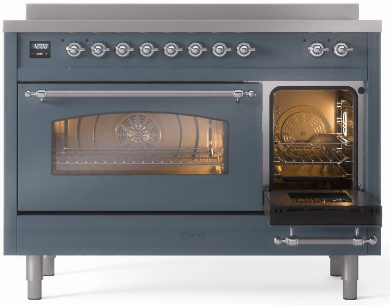 Ilve UPI486NMPBGC Nostalgie Ii 48 Inch Electric Freestanding Range In Blue Grey With Chrome Trim