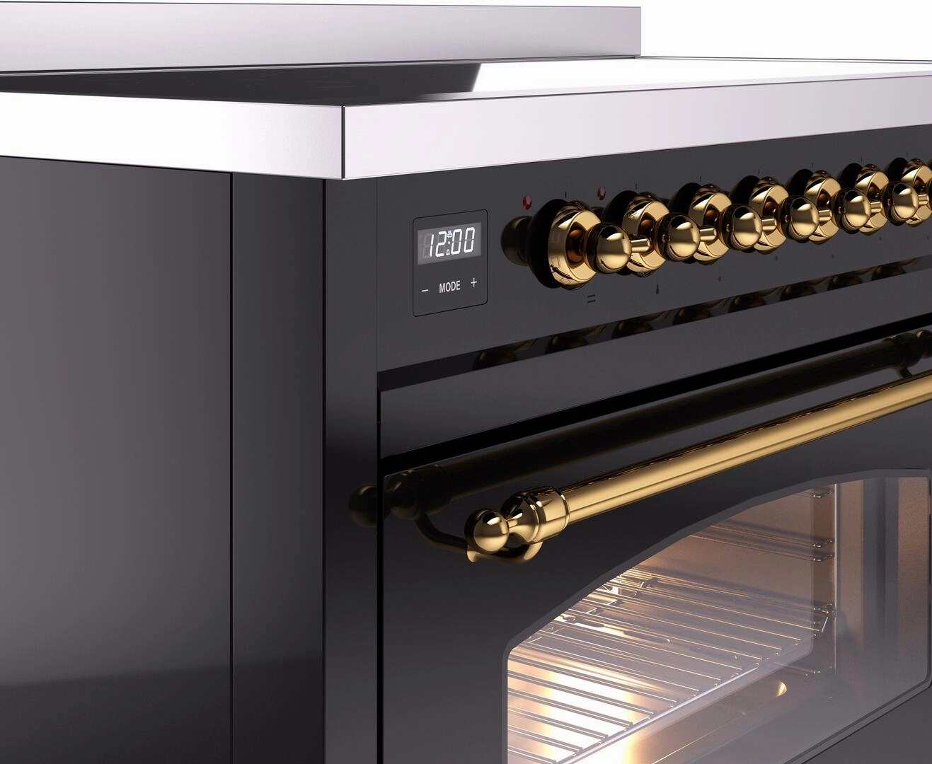 Ilve UPI486NMPBKG Nostalgie Ii 48 Inch Electric Freestanding Range In Glossy Black With Brass Trim