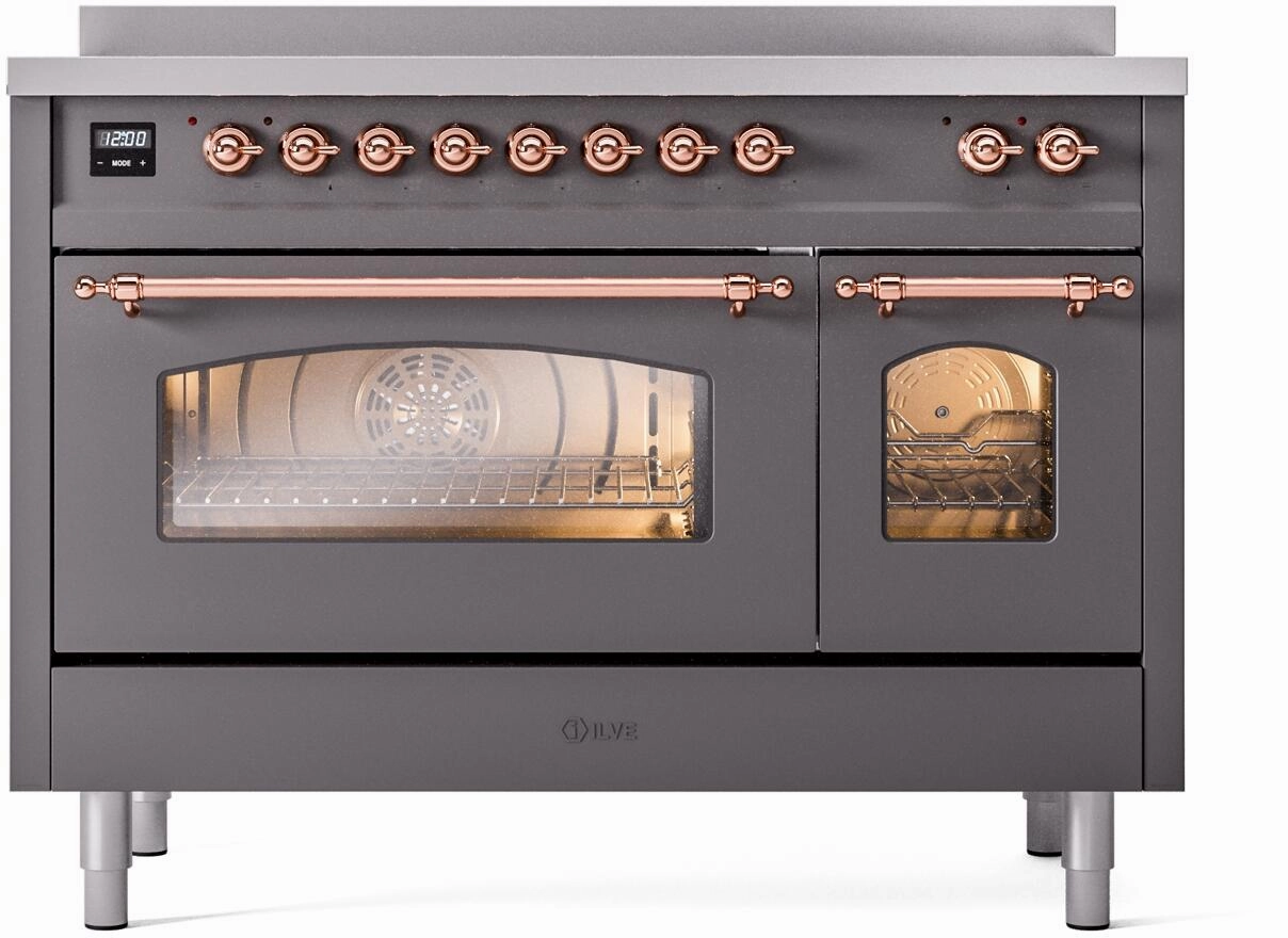Ilve UPI486NMPMGP Nostalgie Ii 48 Inch Electric Freestanding Range In Matte Graphite With Copper Trim