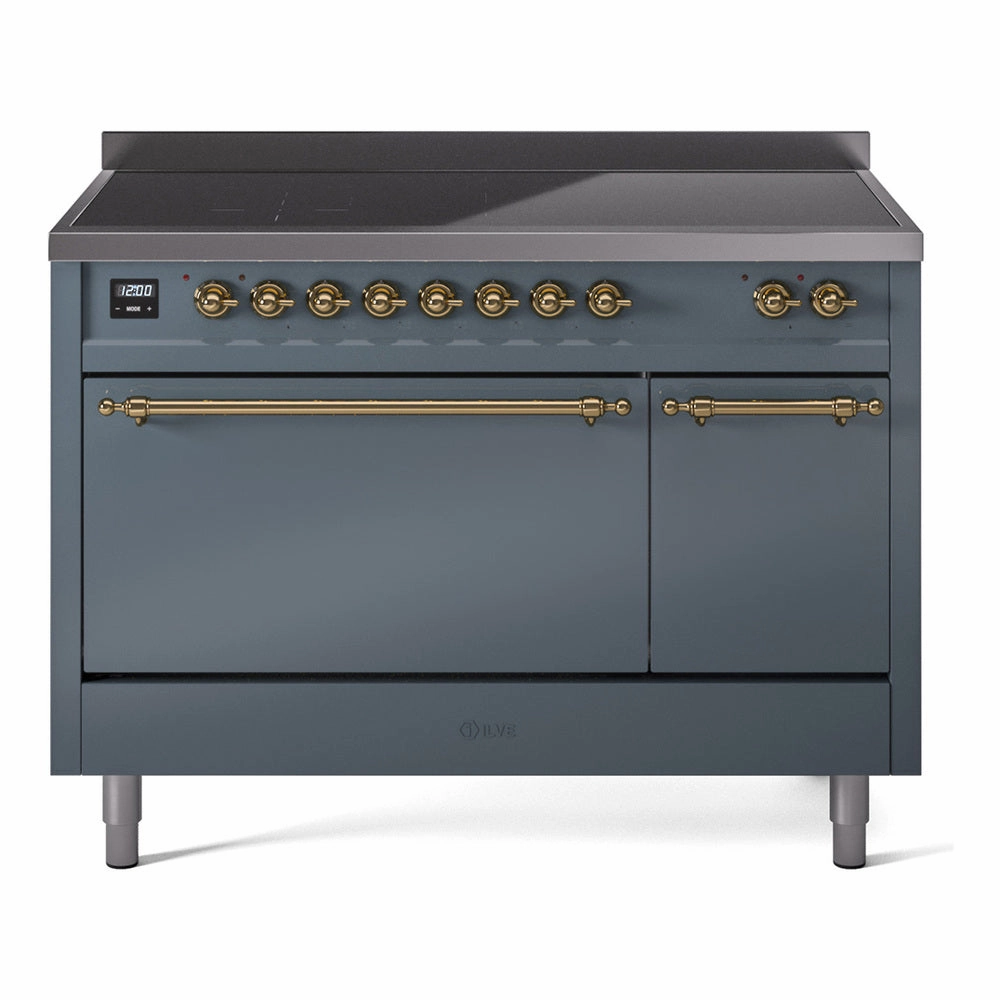 Ilve UPI486QNMPBGG Nostalgie Ii 48 Inch Electric Freestanding Range In Blue Grey With Brass Trim Freestanding Ranges freestanding dual fuel range 30 inch