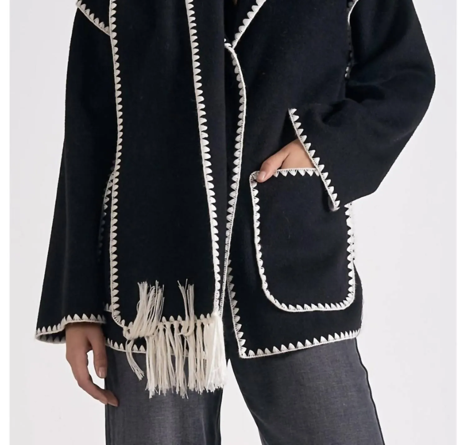 Jacket With Top Stitch And Removeable Scarf In Black