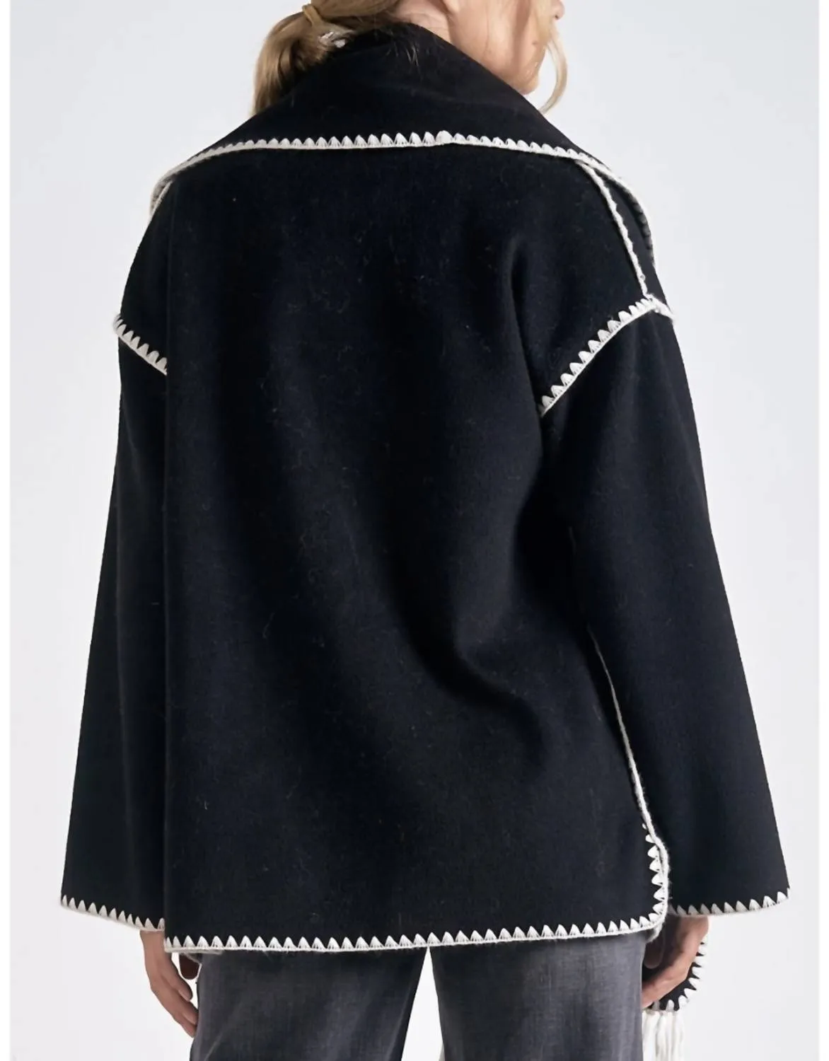 Jacket With Top Stitch And Removeable Scarf In Black