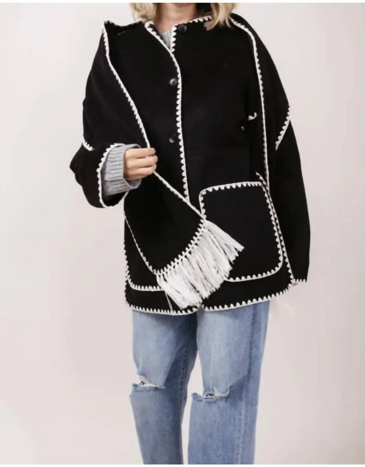 Jacket With Top Stitch And Removeable Scarf In Black