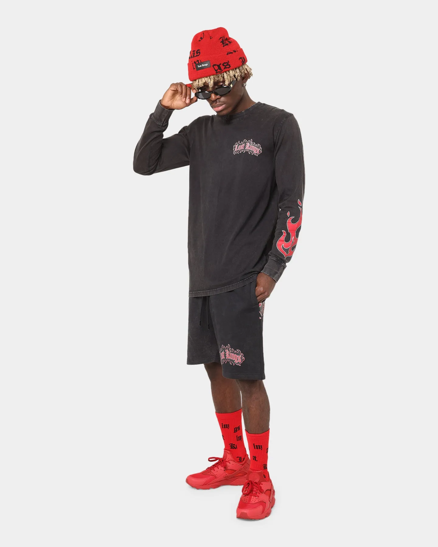 Last Kings Flaming Wings Sweat Shorts Black Wash