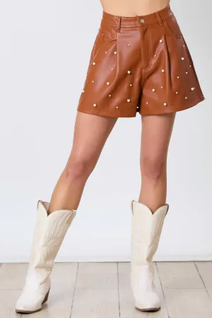 Leather Pearl Shorts In Brown