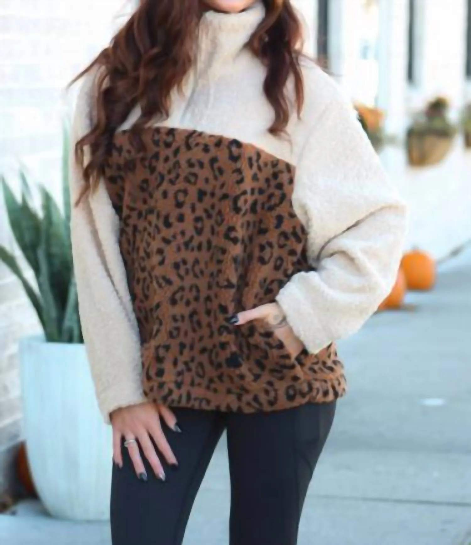 Leopard Sherpa Pullover In Cream Brown