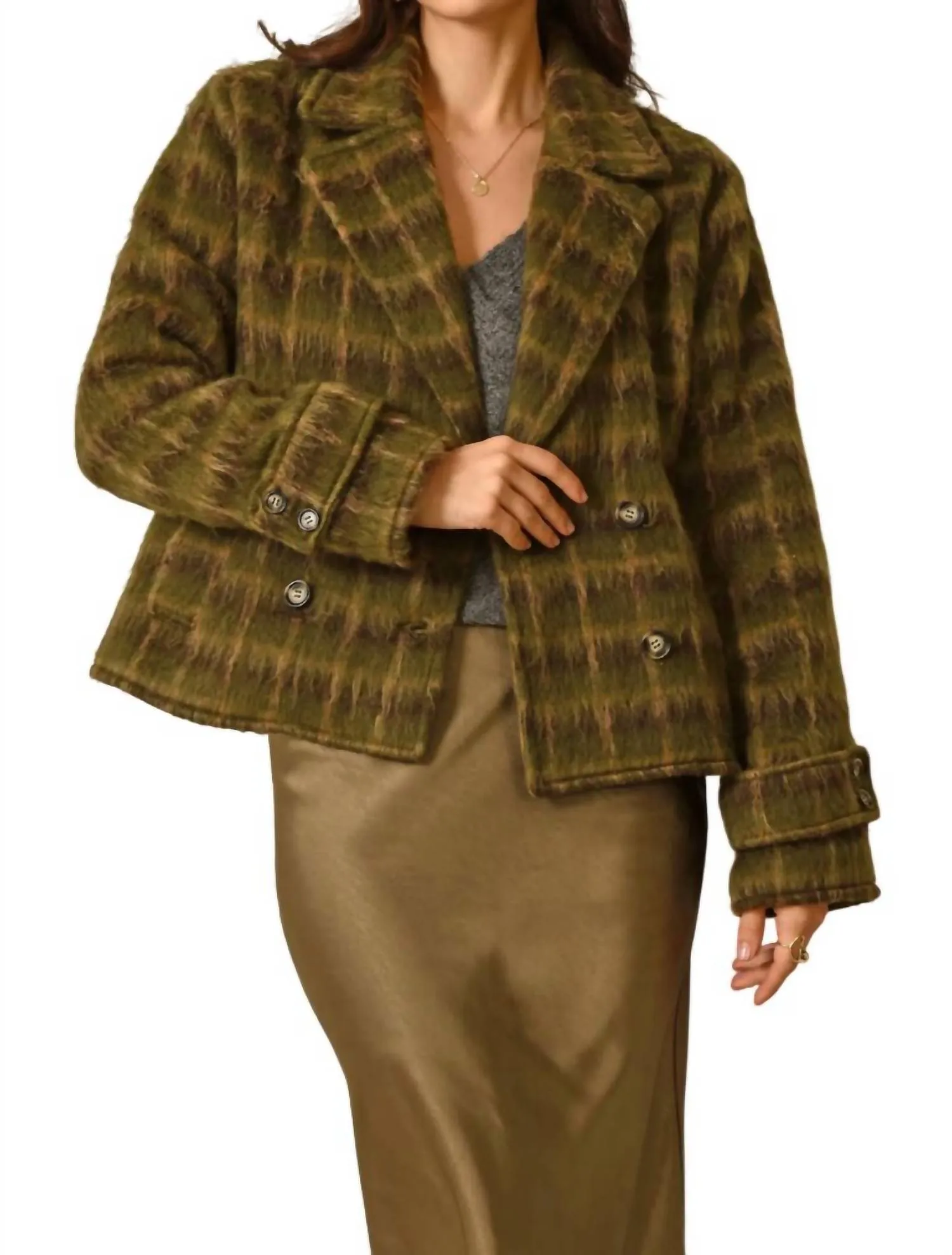 Liza Plaid Jacket In Brown/moss/tan