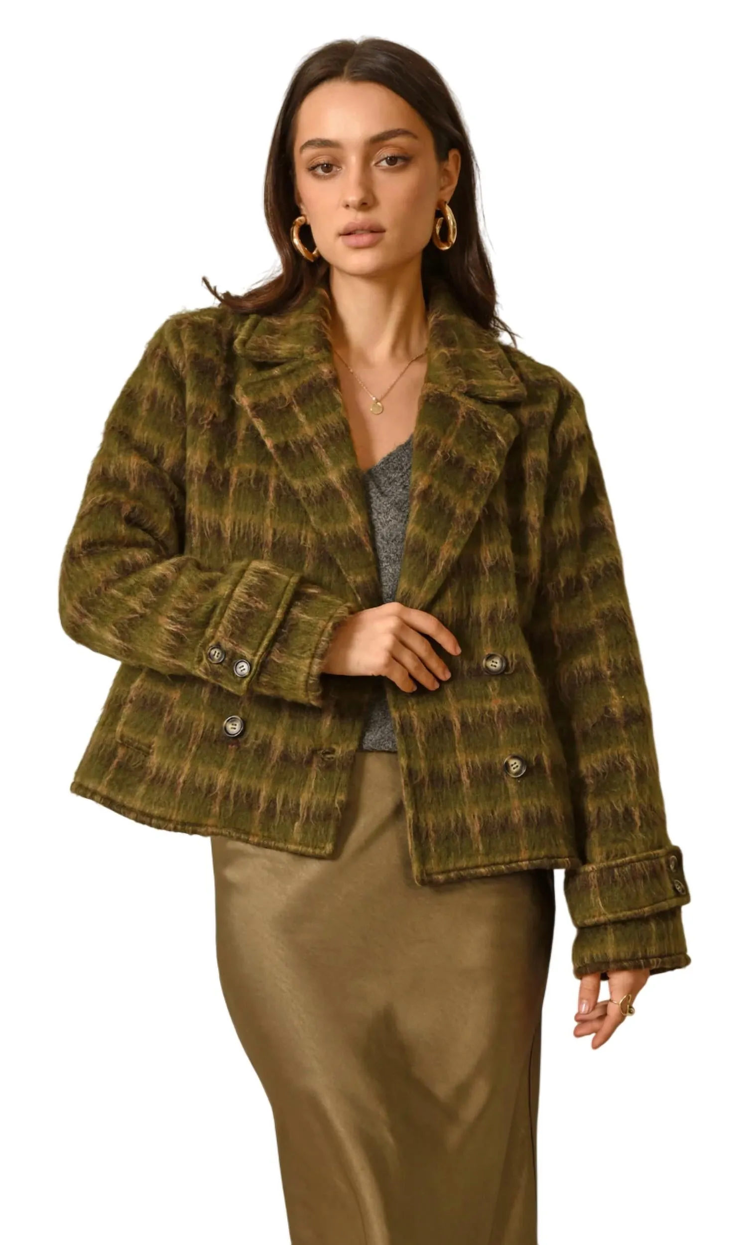 Liza Plaid Jacket In Brown/moss/tan