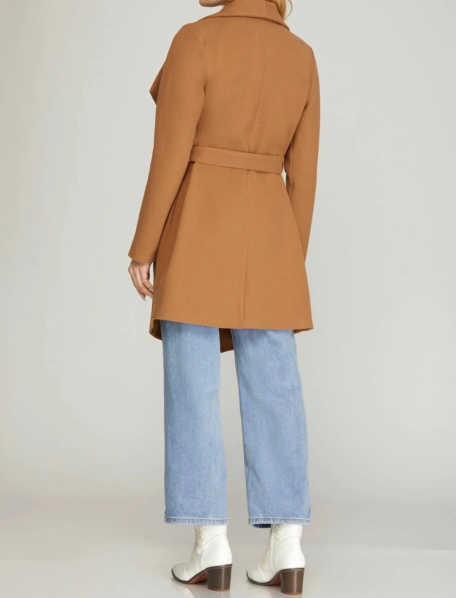 Long Sleeve Open Front Wrap Coat In Camel
