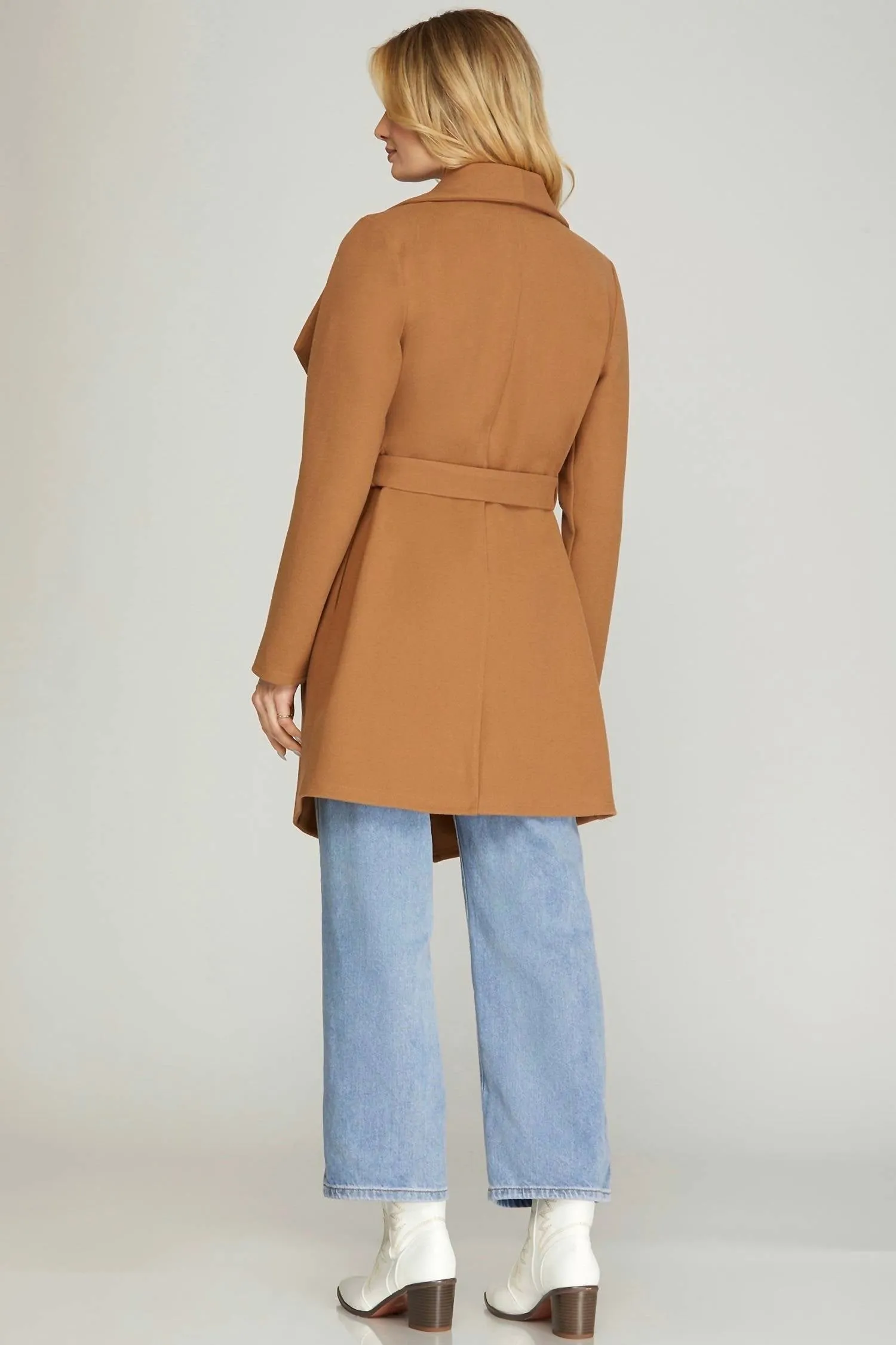 Long Sleeve Open Front Wrap Coat In Camel