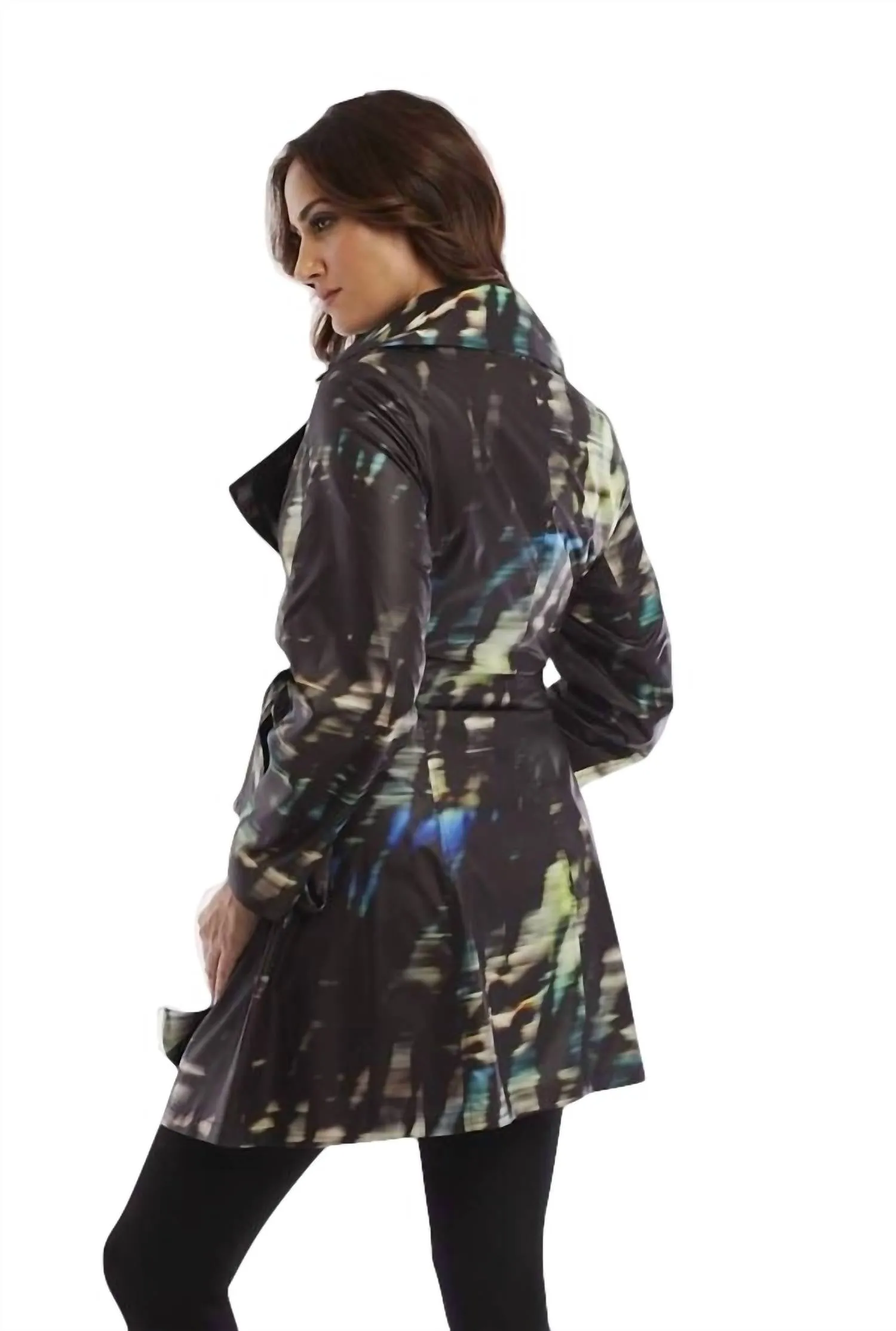 Midnight Belted Collared Rain Jacket In Black Multi