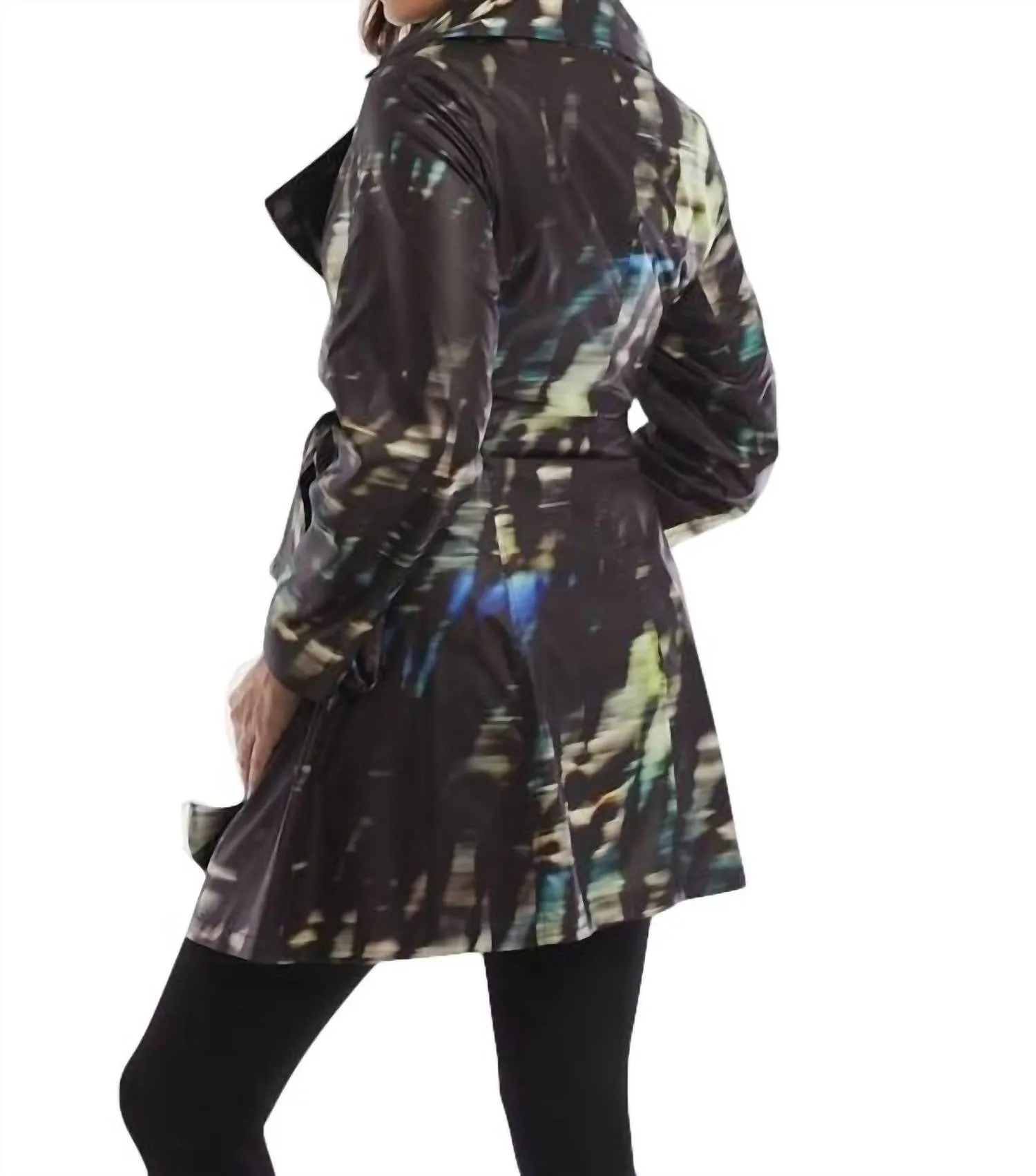Midnight Belted Collared Rain Jacket In Black Multi