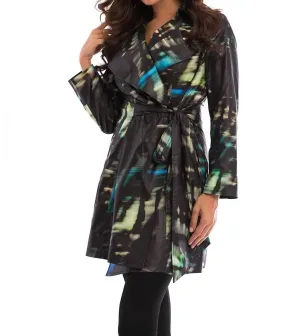 Midnight Belted Collared Rain Jacket In Black Multi