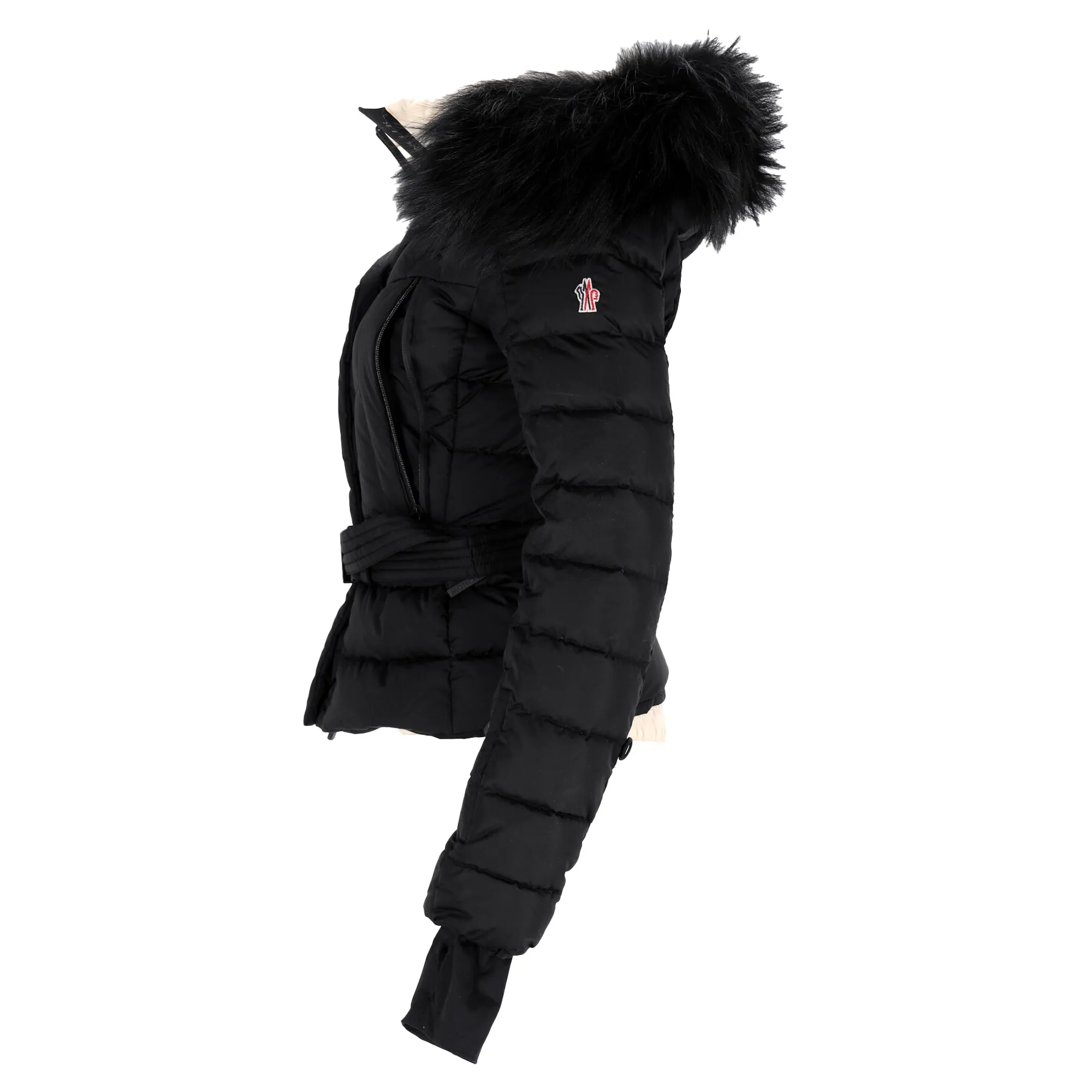 Moncler Grenoble Beverley Giubbotto Fur Hood Belted Puffer Jacket in Black Nylon