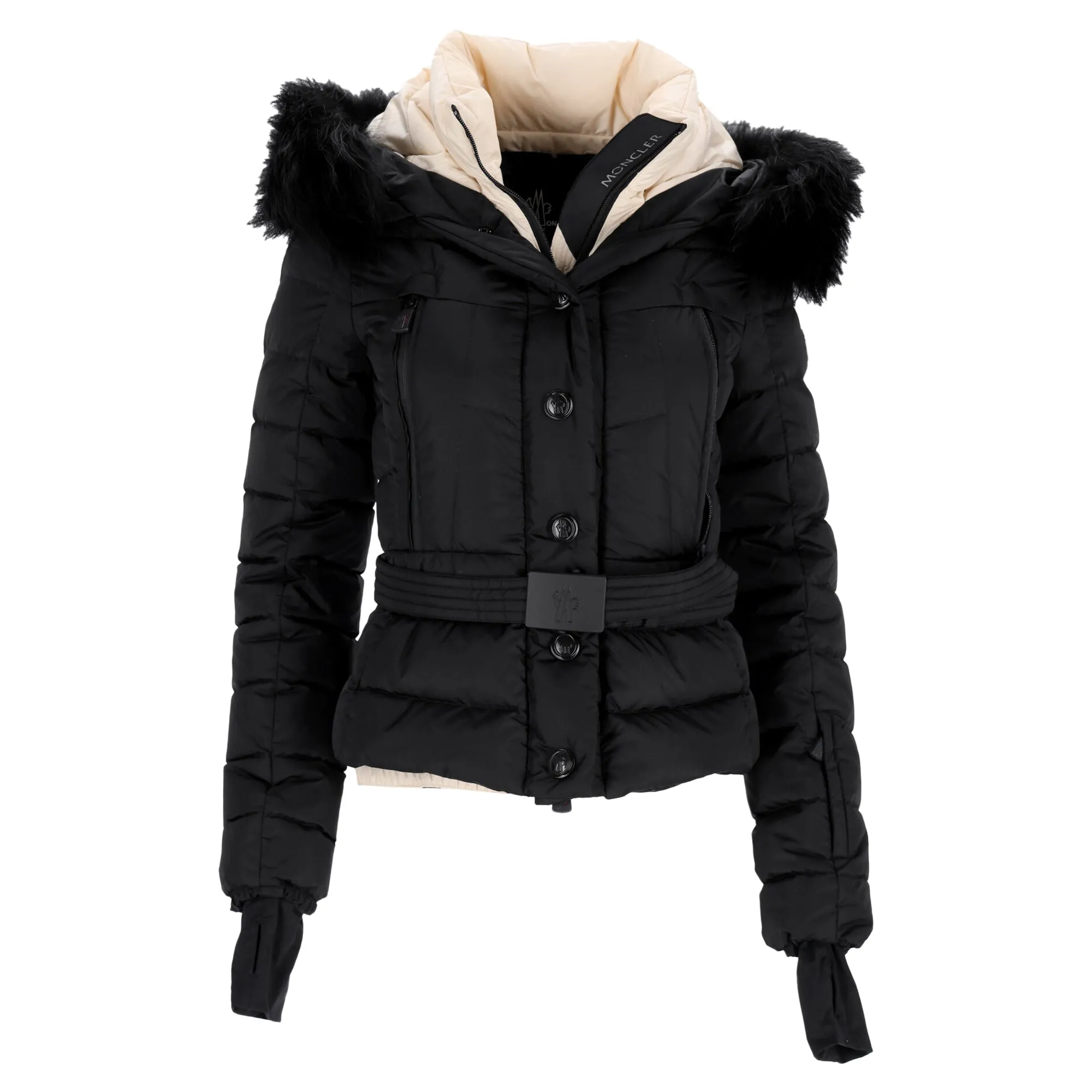 Moncler Grenoble Beverley Giubbotto Fur Hood Belted Puffer Jacket in Black Nylon