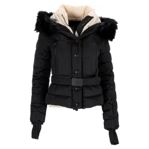Moncler Grenoble Beverley Giubbotto Fur Hood Belted Puffer Jacket in Black Nylon