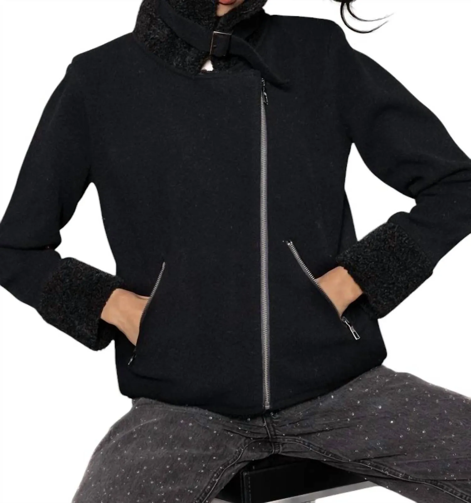 No Limits Sherpa Heart Moto Jacket In Black