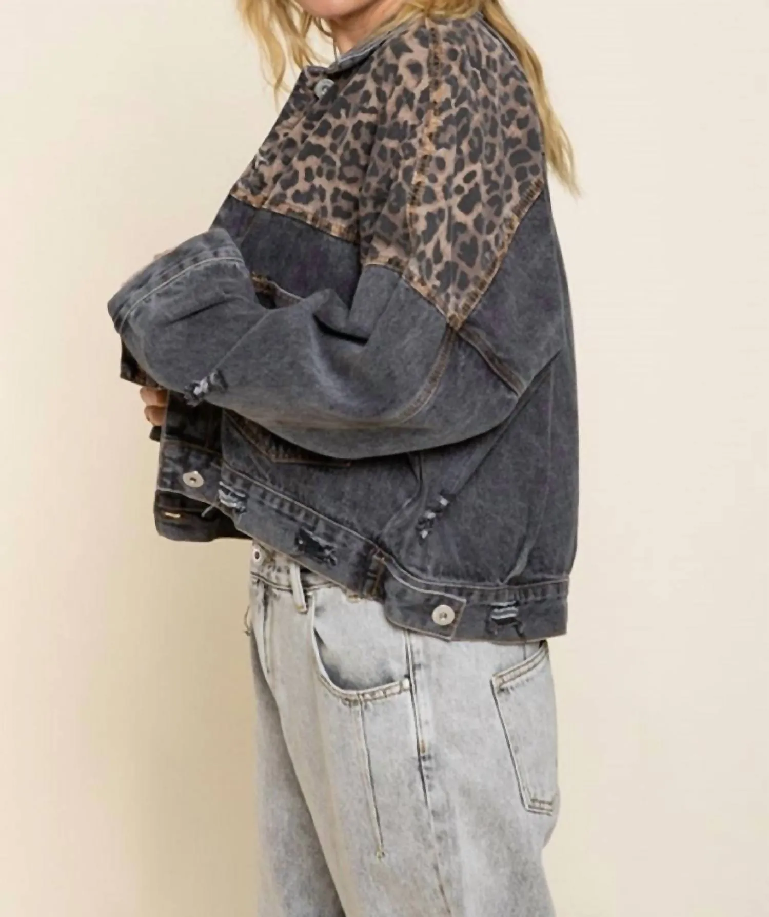 Off Duty Leopard Denim Jacket In Charcoal