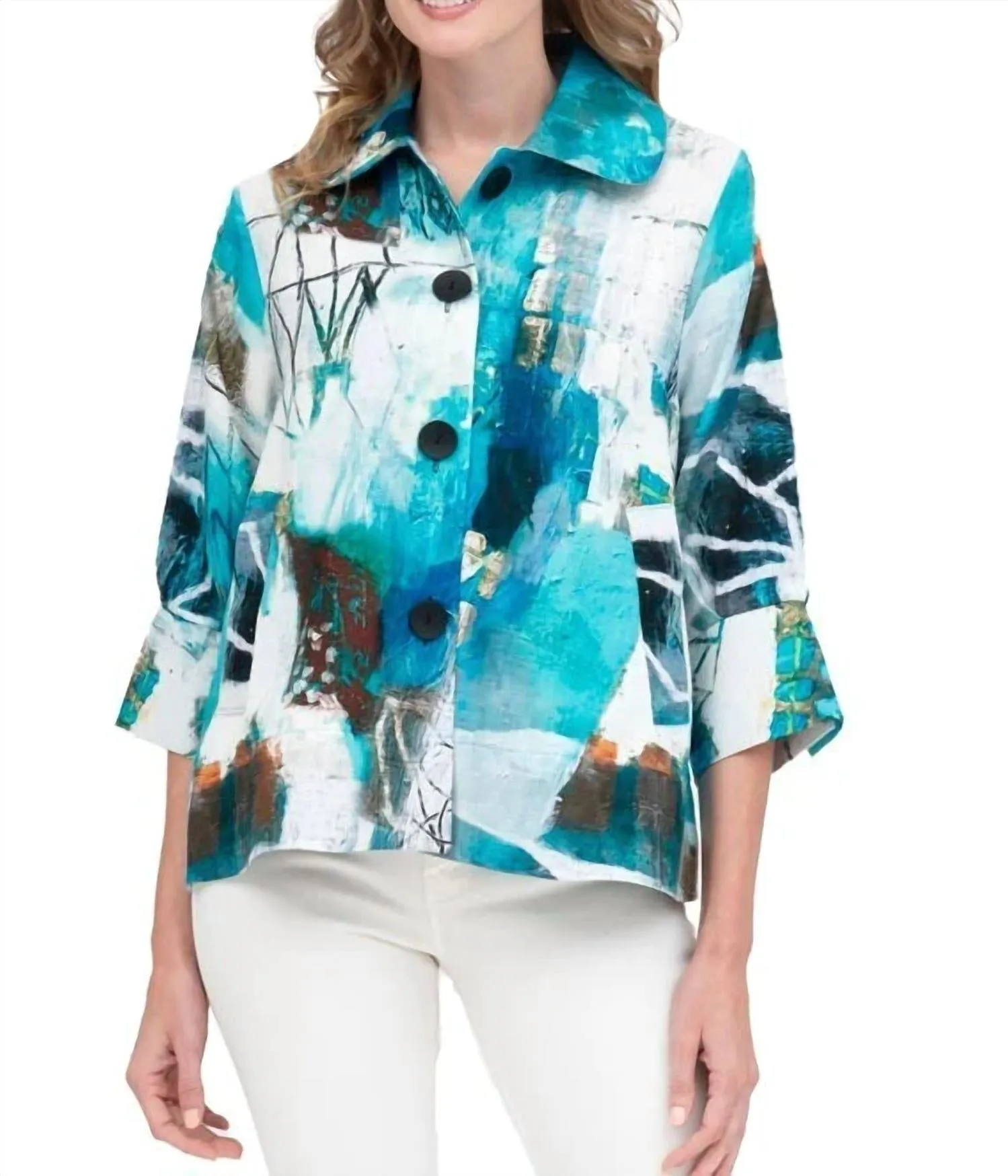 Oil Painting Jacket In Turquoise White