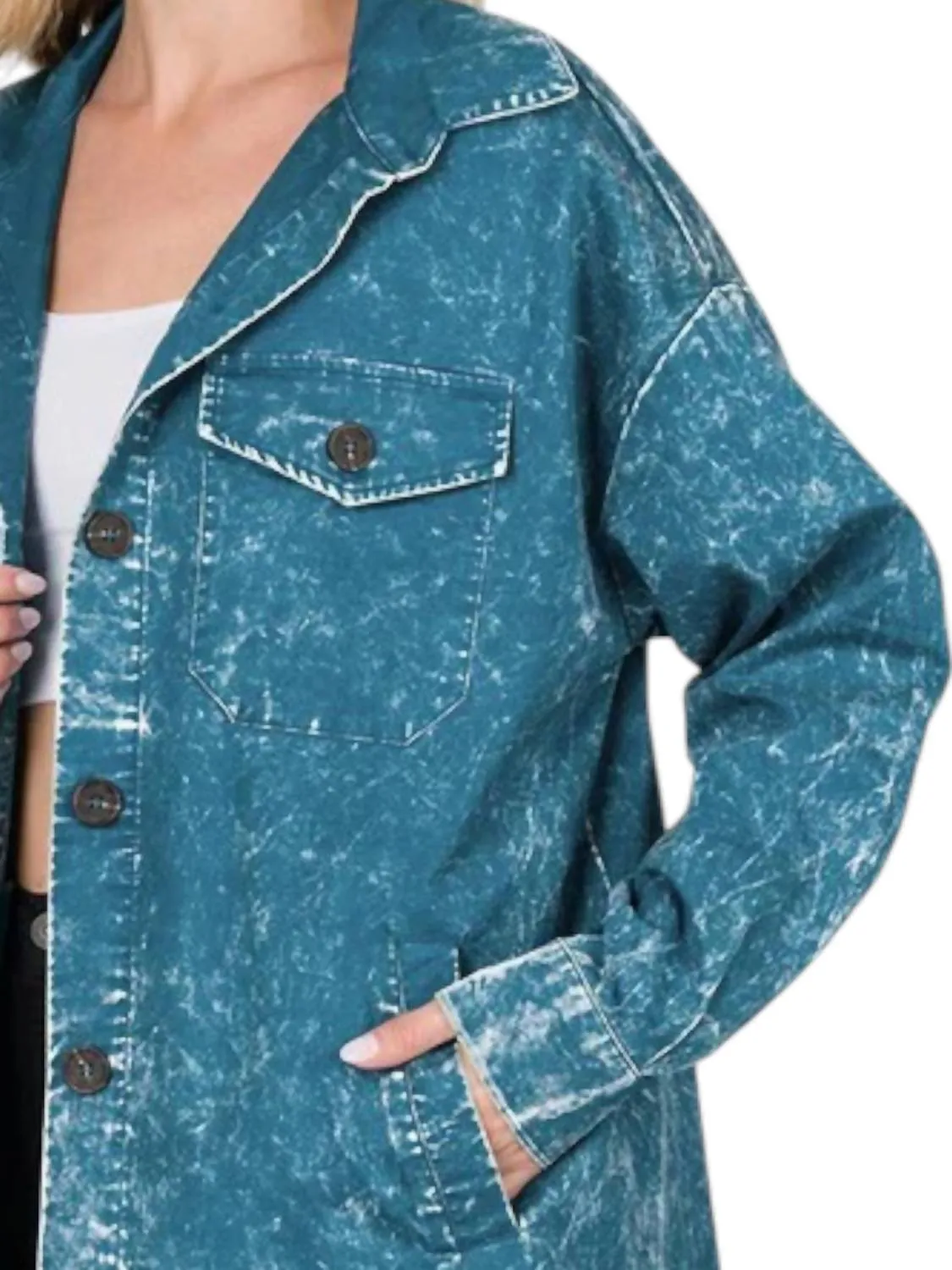 Oversized Vintage Washed Shacket In Teal