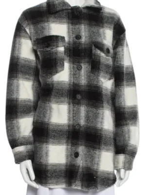 Plaid Button Front Shacket Shirt In Grey