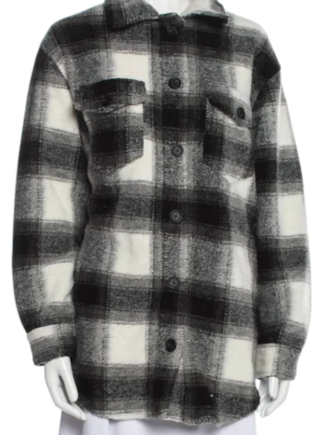 Plaid Button Front Shacket Shirt In Grey