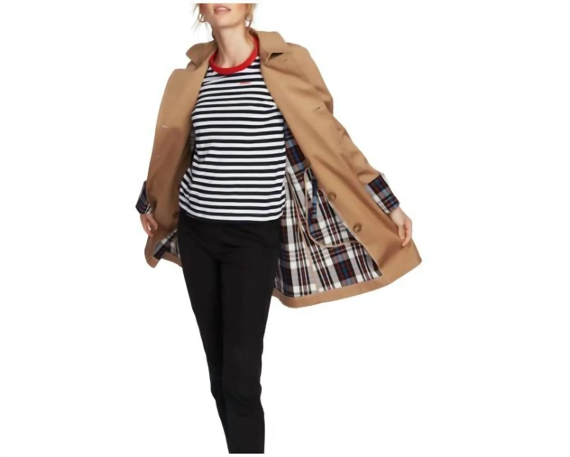 Plaid Lined Double Breasted Trench Coat In Tan