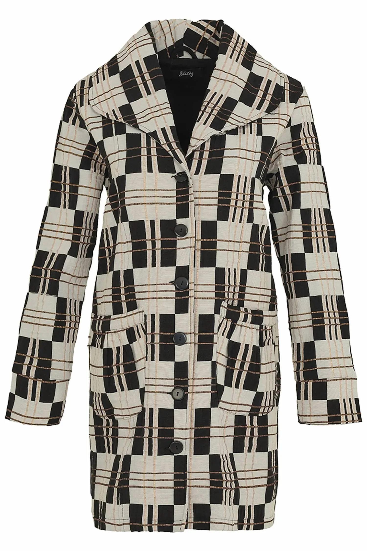 Plaid Long Jacket In Black White Gold Plaid